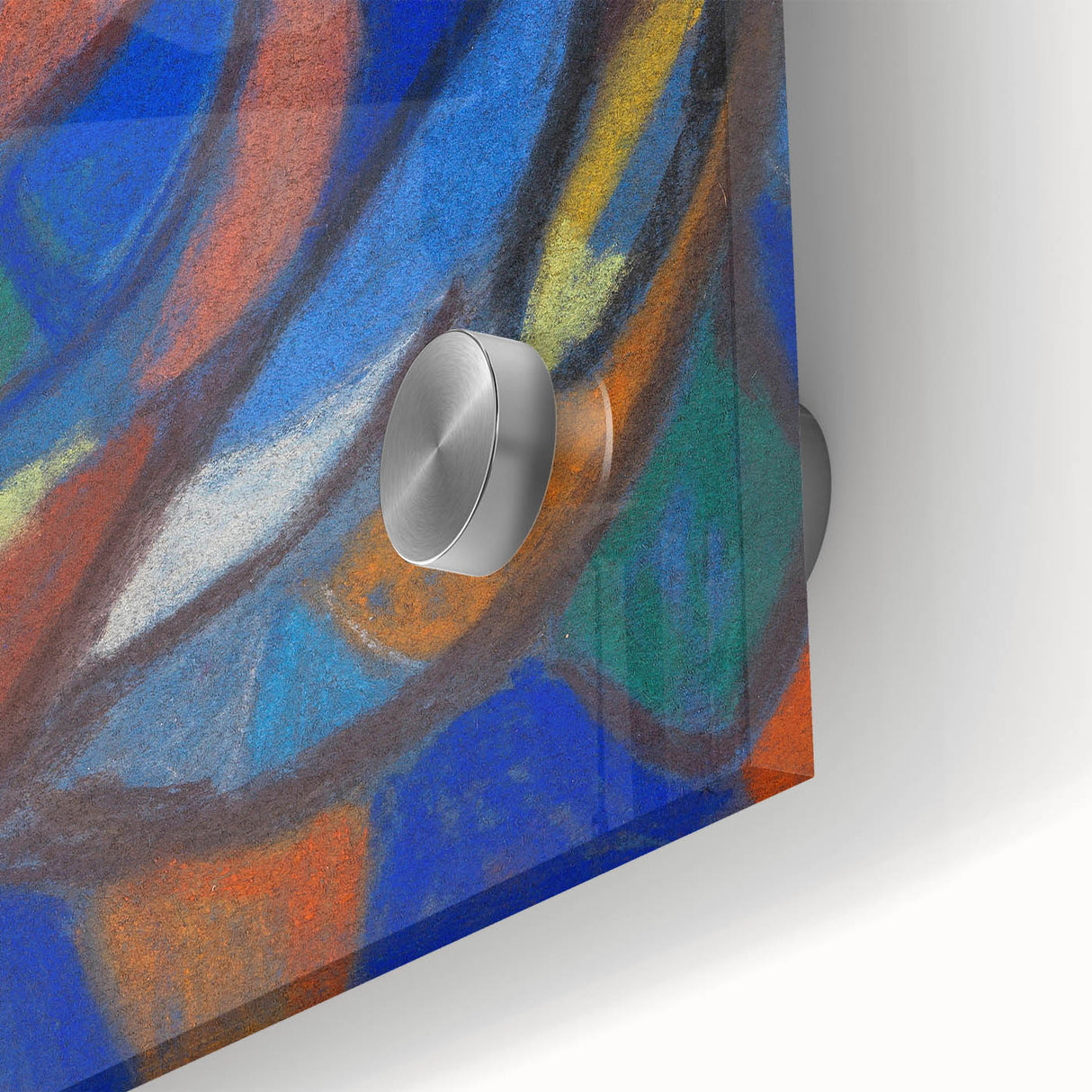Large abstract wall art in mid-century modernist style on acrylic, featuring geometric shapes in muted colors.