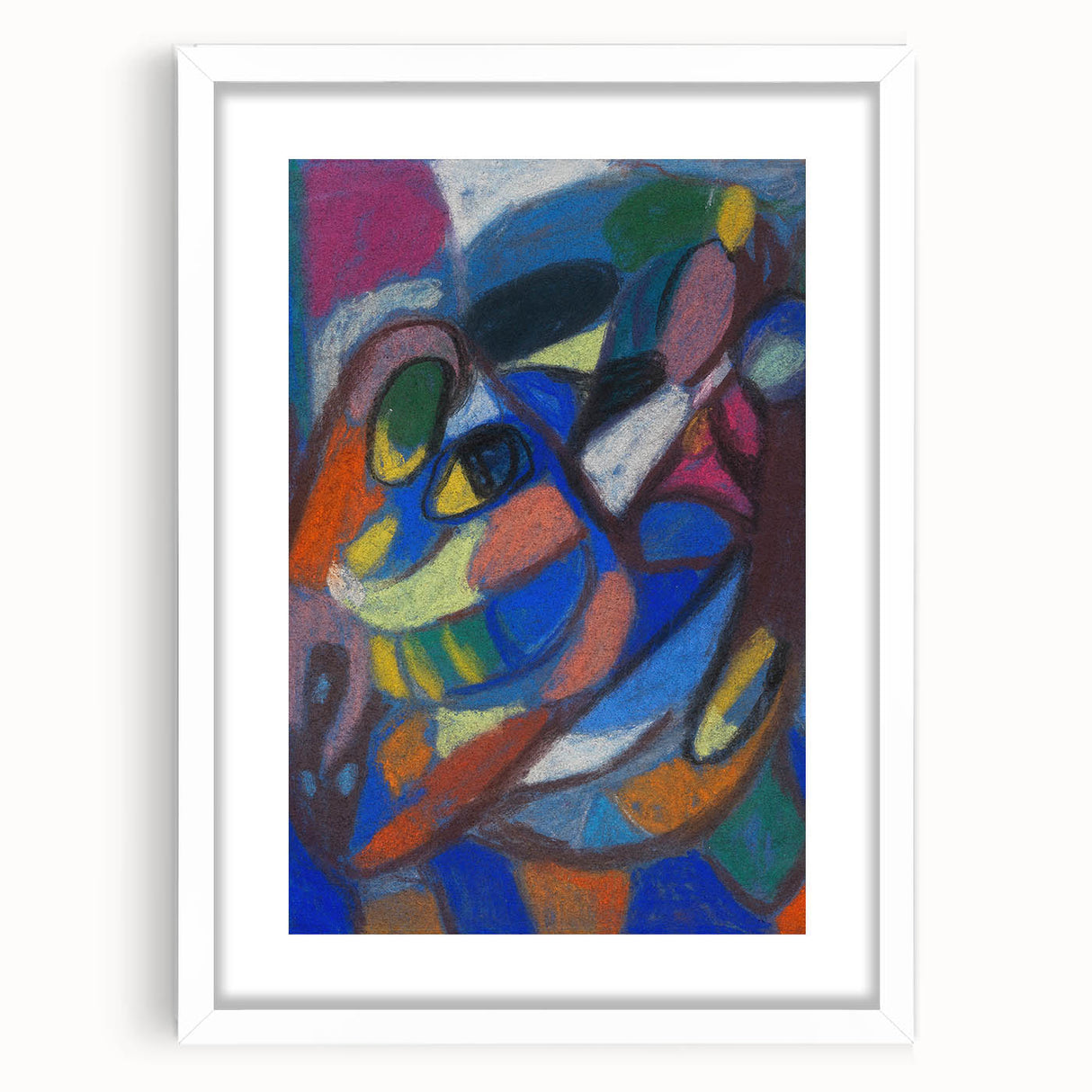 Abstract art print featuring geometric shapes in muted blues and greens, framed with a white mat.