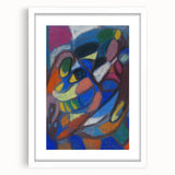 Abstract art print featuring geometric shapes in muted blues and greens, framed with a white mat.