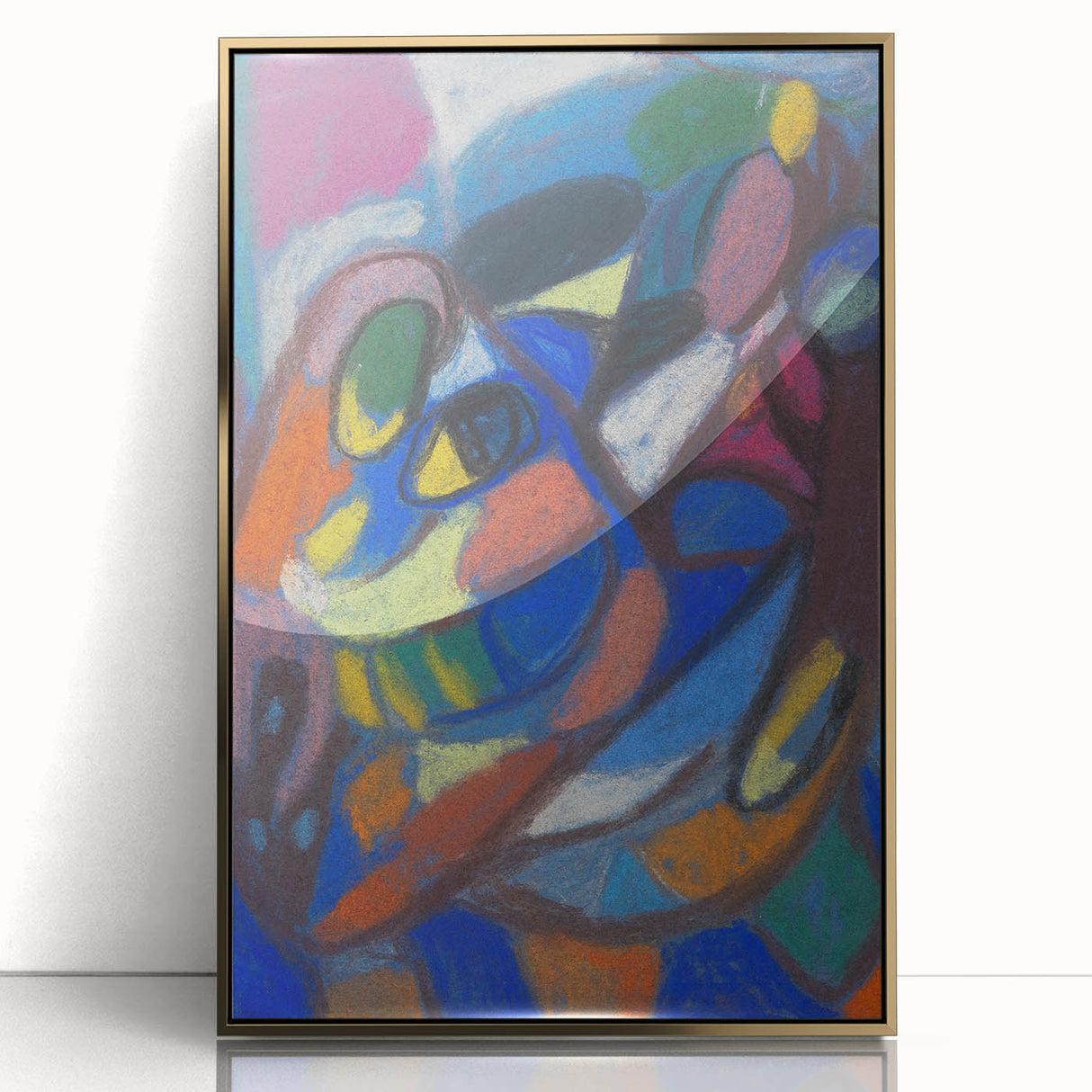 Mid-century modernist art featuring geometric shapes in bold colors on a gold-framed acrylic print.