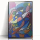 Mid-century modernist art of geometric shapes in muted colors on a silver framed acrylic, ideal for nursery wall art.