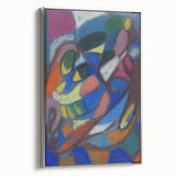 Landscape art painting featuring colorful abstract shapes on black, framed canvas, ideal for modern living room decor.