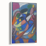 Vintage poster art of an abstract design in vibrant colors on a large framed canvas, ideal for living room decor.