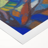 Art Deco poster featuring geometric shapes in muted gold and navy, on a rolled canvas, suitable for dining room decor.