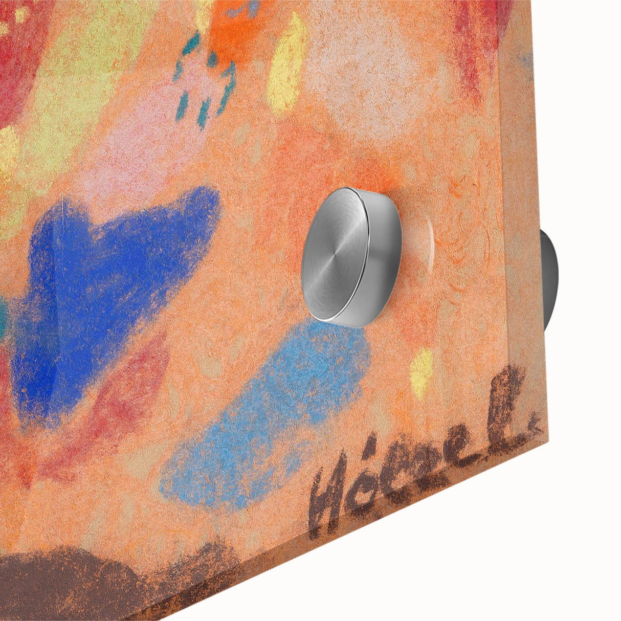 Large abstract wall art in mid-century modernist style with vibrant blue and orange hues on acrylic glass.