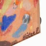 Large abstract wall art in mid-century modernist style with vibrant blue and orange hues on acrylic glass.