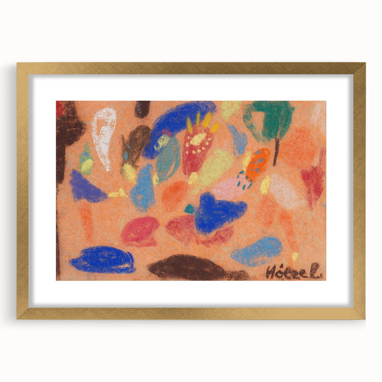 Extra large abstract art print featuring textured design in muted earth tones, framed in gold, ideal for living room decor.