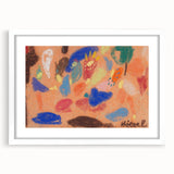 Abstract art print featuring geometric shapes in muted earth tones, framed in white.