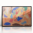 Large abstract wall art featuring mid-century modernist design in bold colors on black framed acrylic.