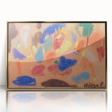 Large art print of a mid-century modernist abstract design in gold and white tones on framed acrylic.