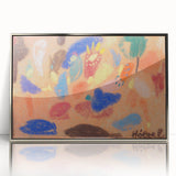 Mid-century modernist art deco poster in silver frame, featuring abstract geometric shapes in vibrant colors.