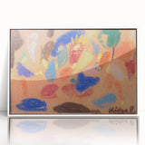 Art deco poster of abstract geometric shapes in muted teal and cream, framed acrylic, suitable for nursery wall art.