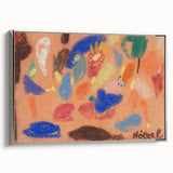 Framed canvas of a vintage landscape painting featuring colorful abstract shapes on a black background.