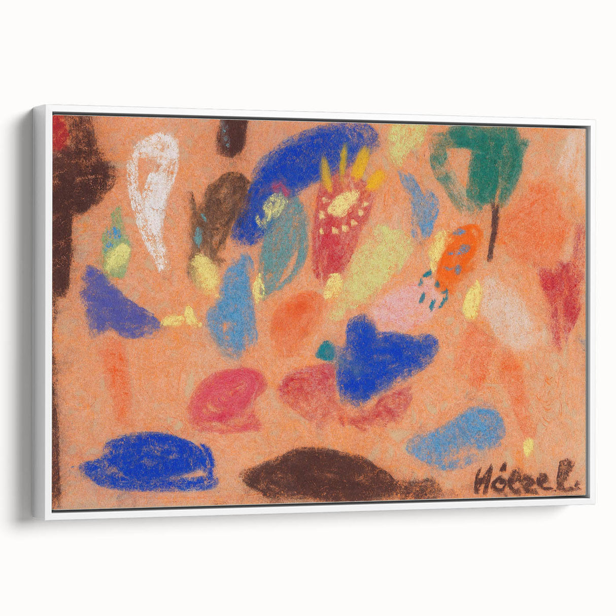 Vintage poster art featuring abstract colorful shapes on a large framed canvas, ideal for modern living room decor.