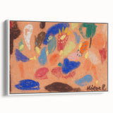 Vintage poster art featuring abstract colorful shapes on a large framed canvas, ideal for modern living room decor.