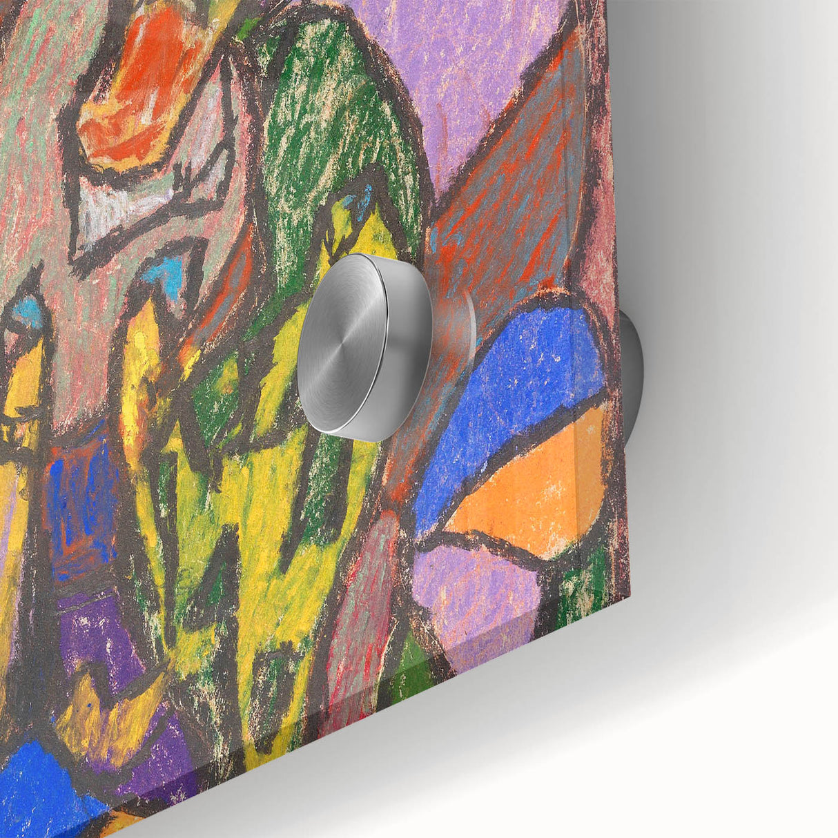 Large abstract wall art in mid-century modernist style with vibrant colors on acrylic glass, ideal for dining room decor.