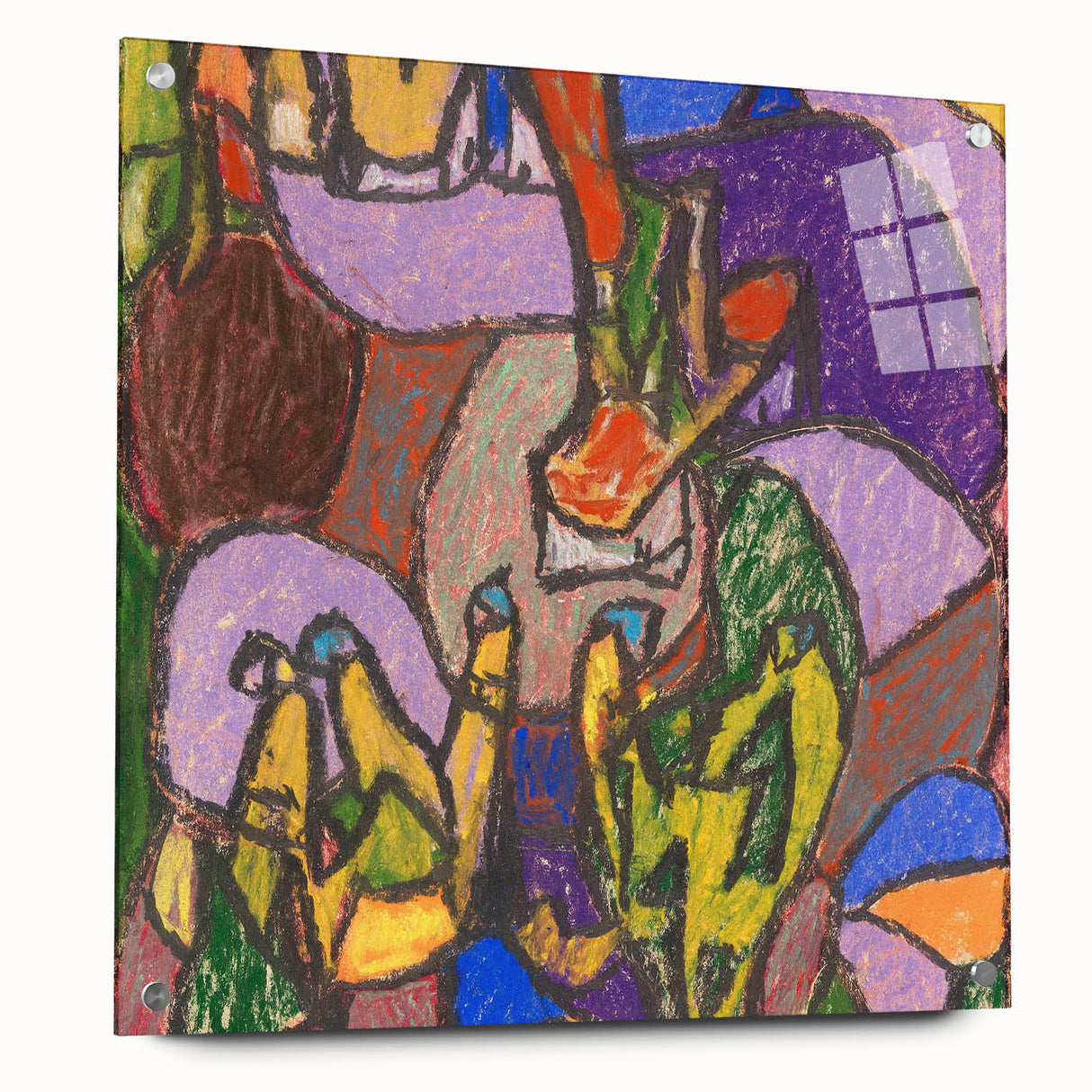 Large abstract wall art on acrylic glass, featuring geometric shapes in bold colors, suitable for bedroom or dining room.