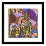 Extra large abstract art print featuring colorful, textured designs on a black framed canvas, ideal for living room decor.