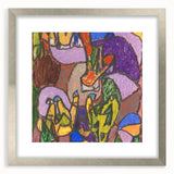 Textured abstract art print in muted gray and blue tones, framed in silver, ideal for modern bedroom ambiance.