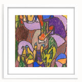 Abstract art print featuring geometric shapes in muted tones on a white-framed canvas.