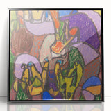 Large abstract wall art featuring geometric shapes in muted earth tones on a black framed acrylic, suitable for modern decor.