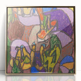 Mid-century modernist large art print of abstract design in gold and blue tones, framed acrylic.