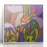 Art deco poster featuring geometric shapes in muted blues and greens on white acrylic, ideal for nursery wall art.