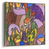 Framed canvas featuring a vintage landscape art painting with colorful abstract shapes on a black background.