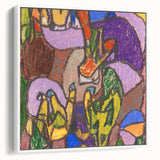 Vintage poster art featuring a colorful abstract design on a large framed canvas, suitable for living room decor.