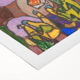 Art Deco poster featuring geometric shapes in muted pastel tones on rolled canvas, suitable for dining room wall art.