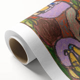 Art Deco style poster featuring geometric patterns in muted teal and beige, printed on rolled canvas.