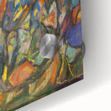 Large abstract wall art in mid-century modernist style, featuring geometric shapes in muted colors.