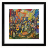 Extra large abstract art print featuring a colorful, textured design on a black-framed canvas, ideal for living room decor.