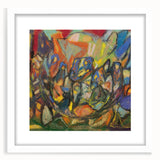 Abstract art print featuring geometric shapes in muted gray and blue tones, framed in white, suitable for dining room decor.