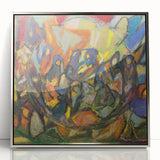 Mid-century modernist art depicting abstract shapes in muted tones on a framed acrylic, ideal for nursery wall decor.