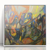 Art deco poster of abstract shapes in muted tones on framed acrylic, suitable for nursery wall art.