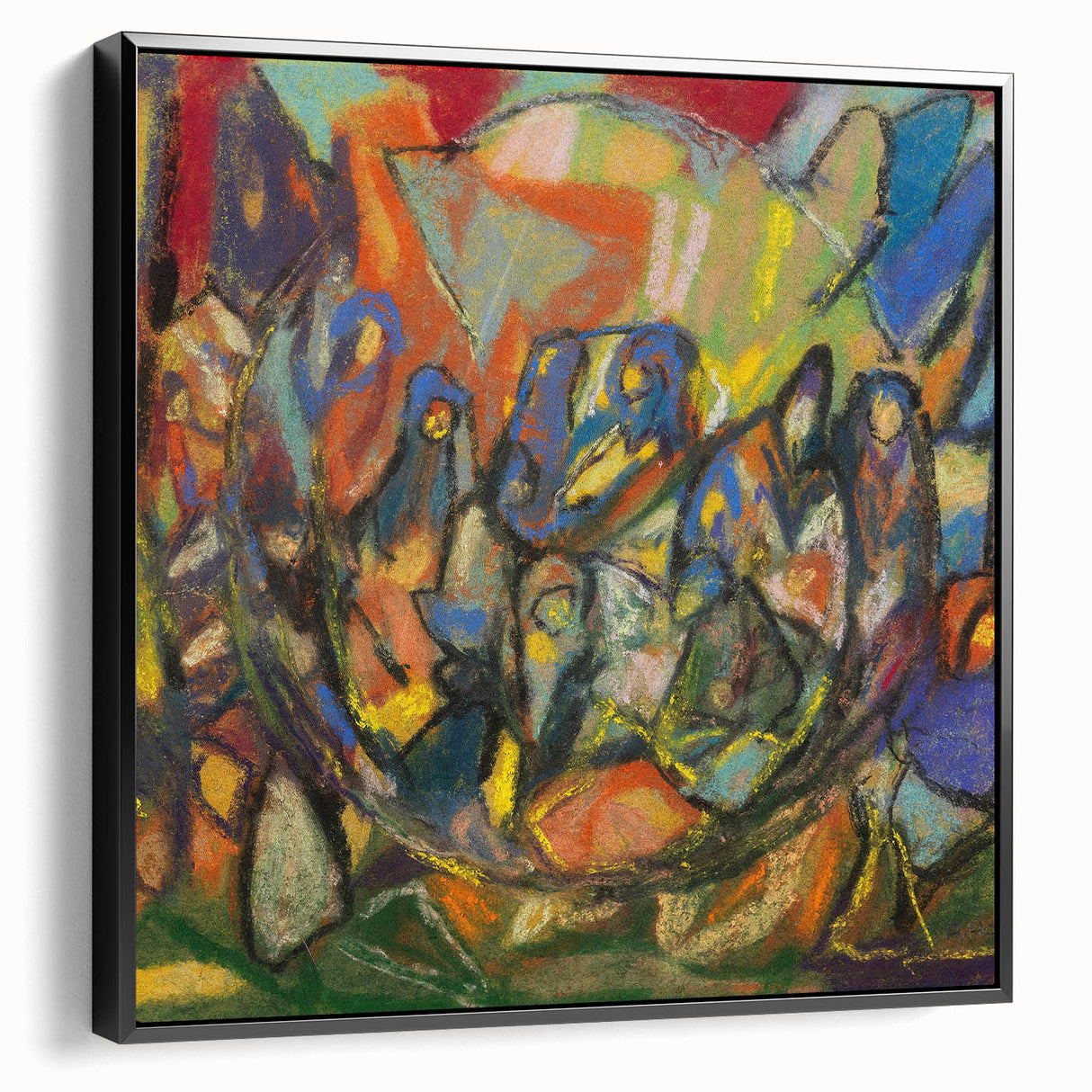 Black and white landscape art painting on framed canvas, featuring an abstract vintage poster design.