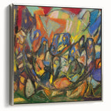 Framed canvas featuring a landscape art painting with colorful abstract forms, ideal for a modern living room.
