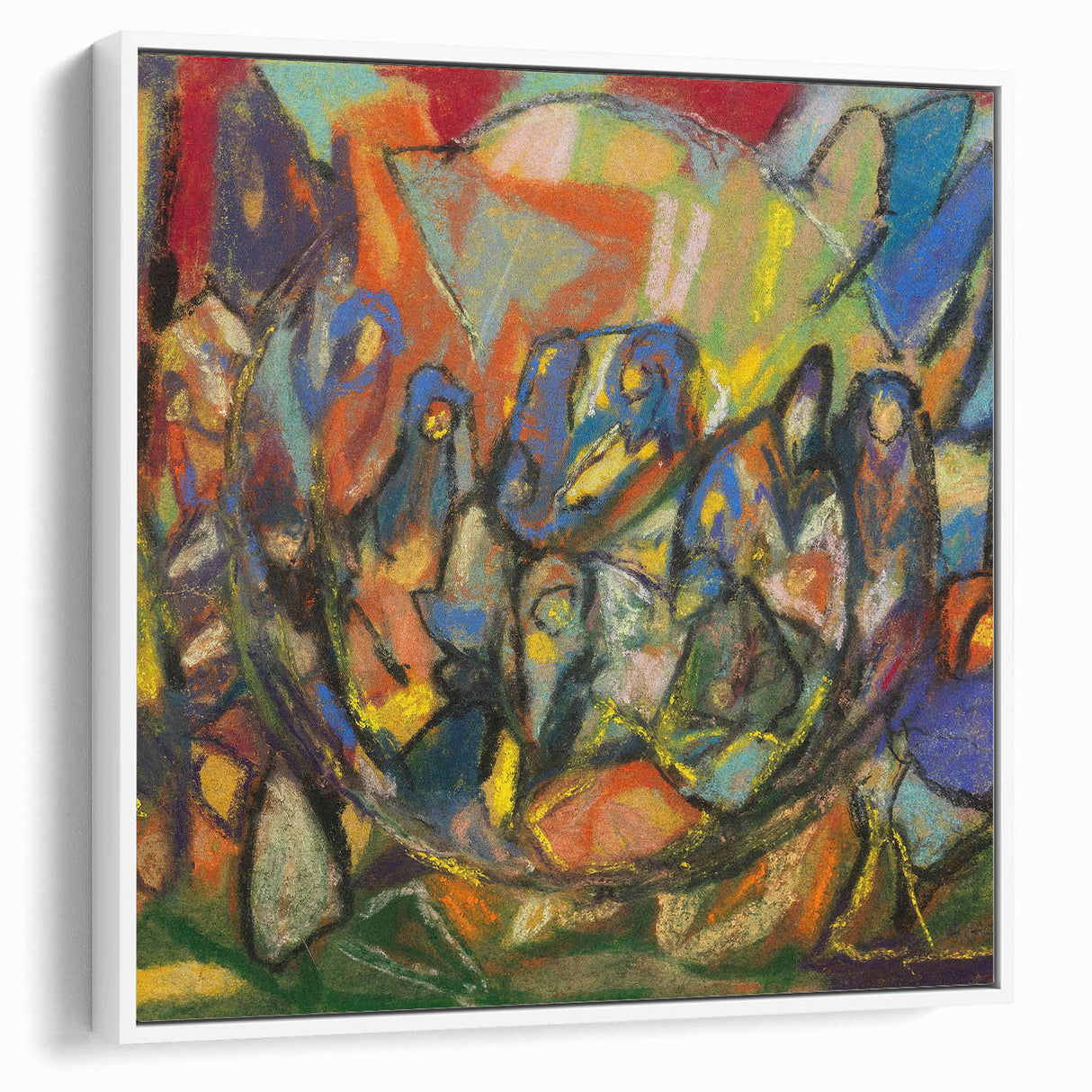 Vintage poster art by Adolf Holzel, featuring abstract colorful shapes on a large framed canvas, ideal for living room decor.