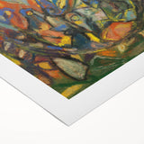 Art deco poster featuring geometric shapes in muted gold and navy, printed on rolled canvas, suitable for dining room decor.