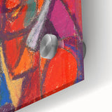 Large abstract wall art in mid-century modernist style with vibrant hues on acrylic glass, ideal for dining room ambiance.