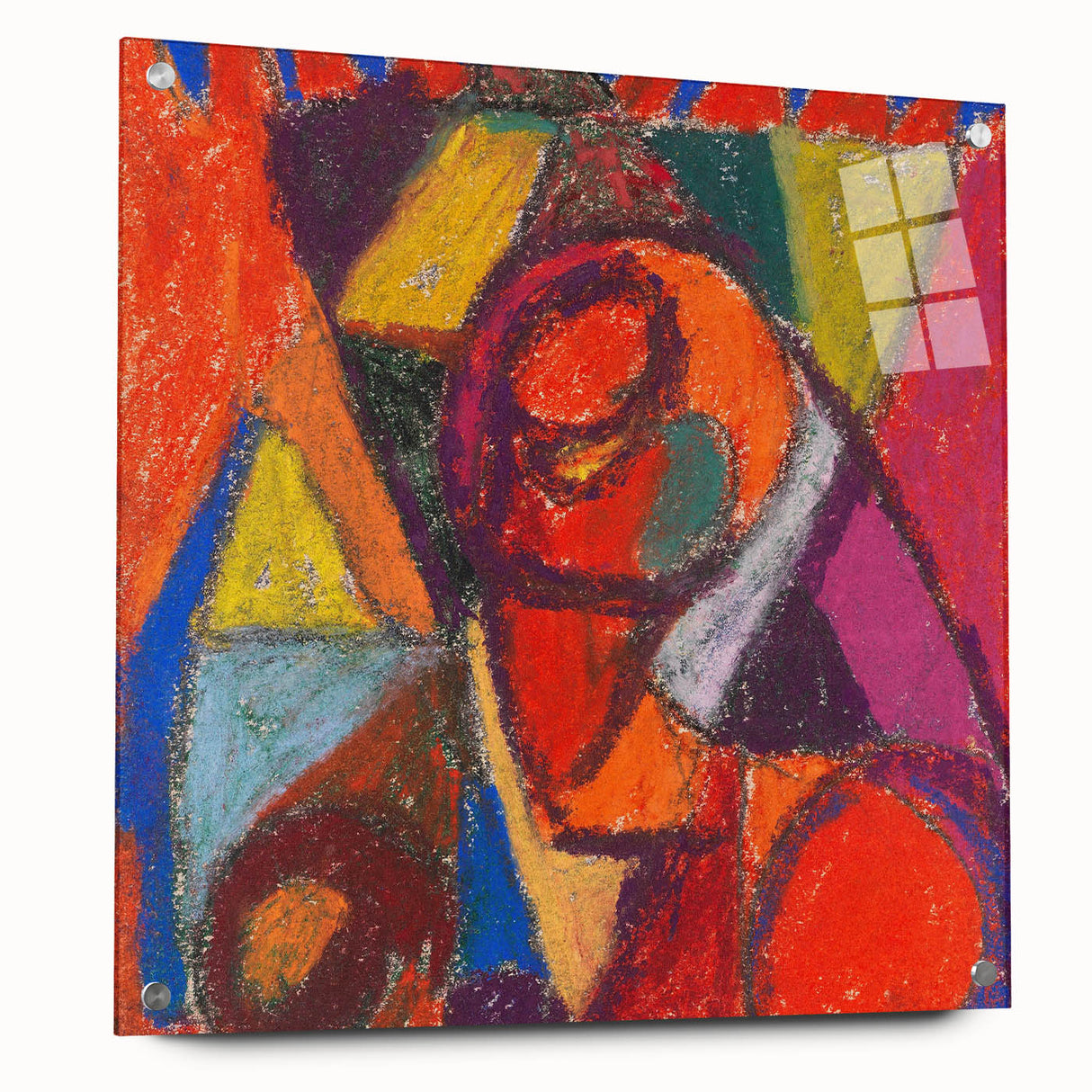 Large abstract wall art in vibrant colors on acrylic glass, ideal for modern bedroom or dining room decor.