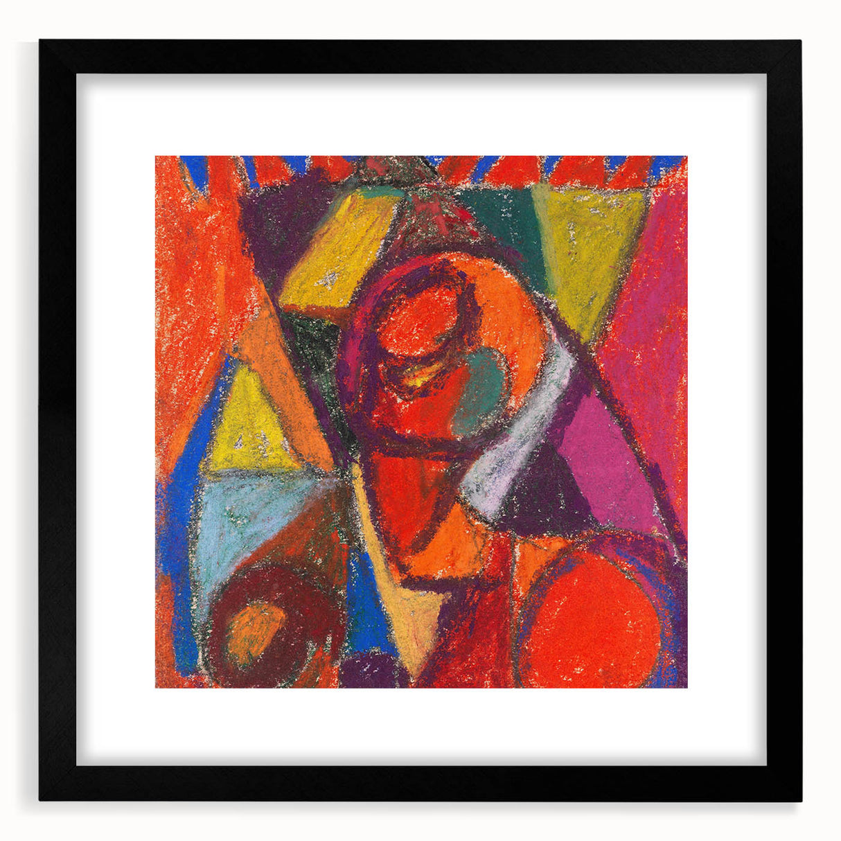 Extra large abstract art print with vibrant, colorful textures on a black framed canvas, ideal for living room decor.