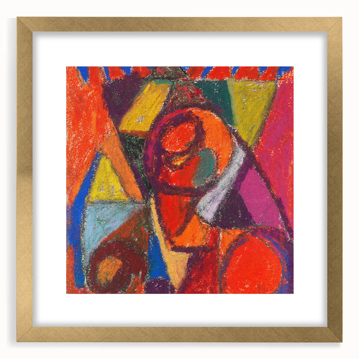 Extra large abstract art print in textured style, with vibrant hues on a gold-framed canvas, ideal for living room decor.