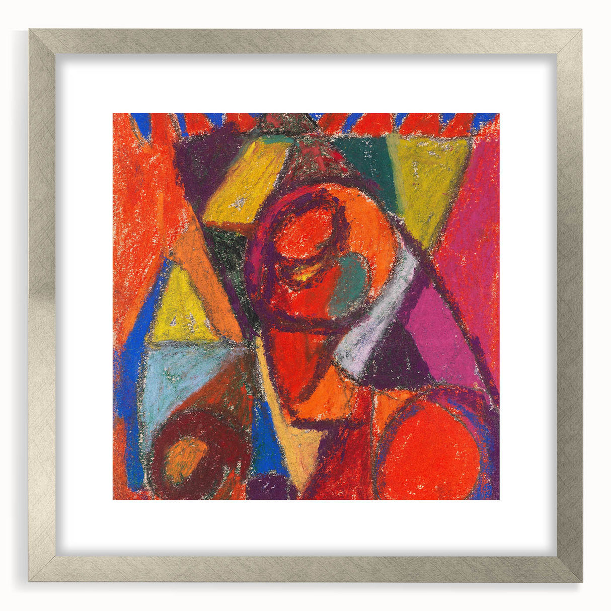 Textured art print featuring abstract shapes in muted earth tones on a silver-framed canvas, suitable for bedroom decor.