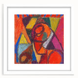 Abstract art print featuring geometric shapes in muted tones, framed in white, suitable for dining or bedroom decor.