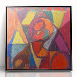 Large abstract wall art in mid-century modernist style, featuring geometric shapes in bold colors on a black acrylic frame.