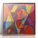 Mid-century modernist art print with abstract shapes in muted tones on a framed acrylic, ideal for nursery wall decor.