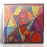 Mid-century modernist art deco poster in acrylic frame, featuring abstract geometric shapes in silver and gray tones.