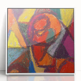 Art deco poster featuring geometric patterns in muted gold and white on a framed acrylic.